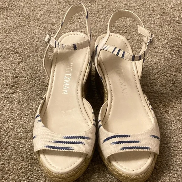 Stuart Weitzman Tia Espadrille Wedges in Natural/ Indigo Size: 10 B NWOB - Picture 4 of 11